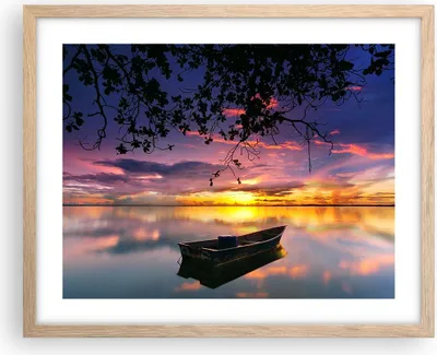 Produktbild von Gerahmtes Poster - Rahmen in heller Eiche - Boot Sonnenuntergang See Himmel - 50x40 cm - Wand Bild - Wanddeko - Wandbilder - Wandposter - Bilderrahmen - Bilder - Kunstdruck - P2NAA50x40-2967