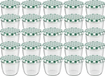 A grid of clear glass jars with green and white checkered lids.
