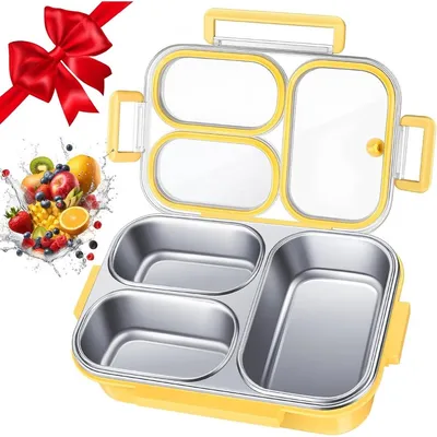 Produktbild von Edelstahl Lunchbox Auslaufsicher – Bento Box 3 Fächer (800ml) mit Isolierung, Brotdose für Kinder & Erwachsene, Für Schule & Büro