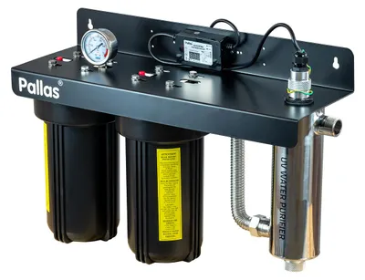 Produktbild von Regenwasser- und Brunnenwasser-Aufbereitungsanlage für Haus & Garten – 3-stufig mit Vorfilter, Aktivkohle und UV-Desinfektion \