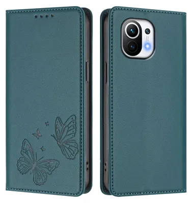 Obrázek produktu pro Kožené pouzdro pro Xiaomi Mi 11, motýlí ražbou, peněženkové flip pouzdro se stojánkem Zelená