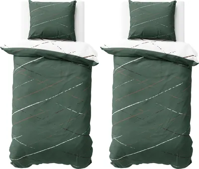 Produktbild von Bettwäsche 155x220 cm Baumwolle Grün Weiß Streifen Bettbezug PolyBaumwolle Wendebettwäsche mit Reißverschluss 4 teilig