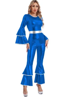 Produktbild von Damen Metallic Jumpsuit Einteiler Gr XL Blau Silber Schlaghose 70er Disco Kostüm Overall Trompetenärmel Party Karneval Fasching Halloween Show
