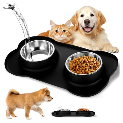 Produktbild von Futternapf für Hunde und Katzen, Napfset für kleine Hunde, Futterstation mit doppeltem Edelstahl-Wassernapf und rutschfester Silikonunterlage (36 x 21 cm)
