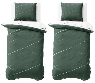 Produktbild von Bettwäsche 155x220 cm Baumwolle Grün Weiß Streifen Bettbezug PolyBaumwolle Wendebettwäsche mit Reißverschluss 4 teilig