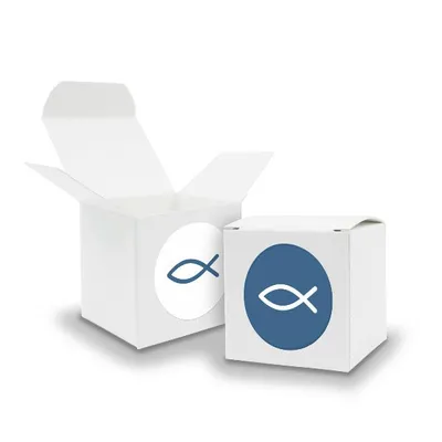 Produktbild von SET Fisch (Motiv31) 24x Faltschachtel Würfel 6,5cm weiß  + Sticker