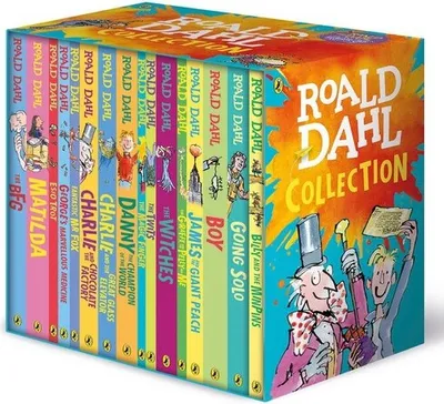 A box set of Roald Dahl books, displayed at an angle, with the spines of the books facing the viewer.