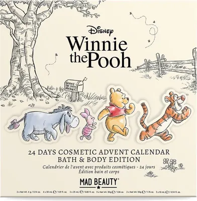 The image shows the front packaging of a Winnie the Pooh themed cosmetic advent calendar.