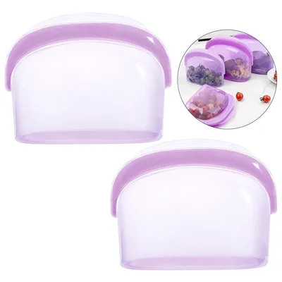 Produktbild von 2er Set wiederverwendbare Gefrierbeutel aus lebensmittelechtem Silikon, BPA-frei, transparent, auslaufsicher, spülmaschinengeeignet (lila)