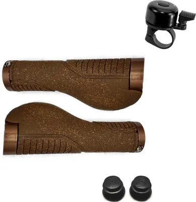 Immagine prodotto di Manopole ergonomiche di design con ghiera di bloccaggio 140/140 mm in marrone, incl. 1 campanello per bicicletta