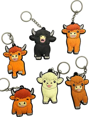 Produktbild von Highland Kuh Schlüsselanhänger 6er Set – Süße Sammelanhänger in 2D, ca. 5–7 cm – Weiche PVC Figuren, unsortiert, nicht frei wählbar – Für Rucksack, Tasche & Schlüsselbund