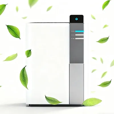 A white air purifier with a grey control panel surrounded by floating green leaves.
