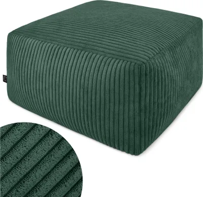 A green corduroy ottoman is shown against a white background.