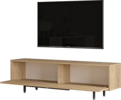 A modern TV stand with two open compartments and two drop-down doors, shown with a wall-mounted TV above it.