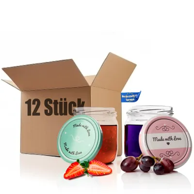 Produktbild von BigDean 12er Set Einmachgläser mit Deckel in rosa und pastell-grün in made with love Stil - 425ml Sturzgläser Marmeladenglas