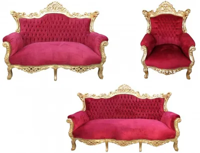 Produktbild von Casa Padrino Barock Wohnzimmer Set Master Bordoaux Rot/ Gold - 3er Sofa+2er Sofa + 1 Sessel - Möbel Interior