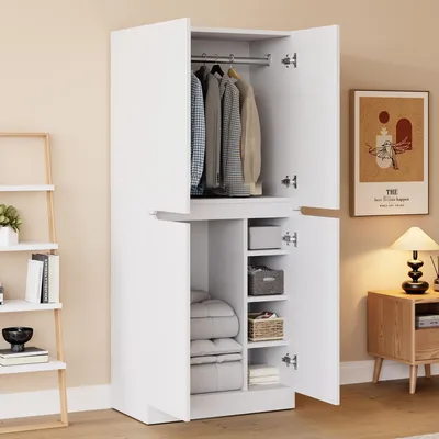 Zdjęcie produktu dla Szafa dwudrzwiowa 70 x 170 x 40 cm, biała, nowoczesna, z drzwiami skrzydłowymi, szafa do sypialni z drążkiem na ubrania i schowkami