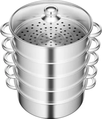 Produktbild von Edelstahl-Dampfgarer, 5-stöckig 28 cm, stapelbar, Glasdeckel, hellgrau