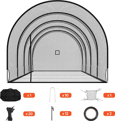 Image de Cage de frappe de baseball SucceBuy (semi-circulaire) Filet 1220 x 370 x 305 cm, filet d'entraînement mobile avec tissu polyester 4 couches sans nœuds et ouverture pour lance-balles, filet d'entraînement de softball inclus