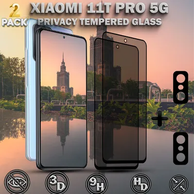 Produktbild von 2-Pack Sichtschutz Schutzfolie XIAOMI 11T PRO 5G & 2-Pack Linsschutz - Gehärtetes Glas 9H - Premium 3D Qualität