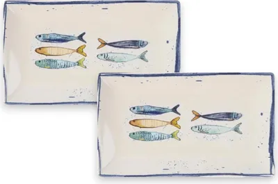Produktbild von Teller, mediterran mit Sardinen-Motiv | Maritime Servierplatte 25×15cm