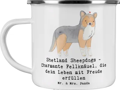 Produktbild von Mr. & Mrs. Panda Teetasse Shetland Sheepdog Glücksbringer - Weiß - Geschenk, Emaille Tasse, Hundeliebhaber, Schottische Hunderasse, Haferl, Kaffeepott, Teebecher, Becher