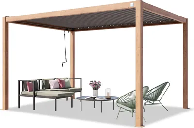 Immagine prodotto di PRIMEYARD Pergola 3x4 m montanti in alluminio look legno con tetto a doghe in acciaio gazebo da giardino