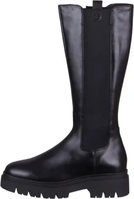 A black leather boot is shown from the side against a white background.