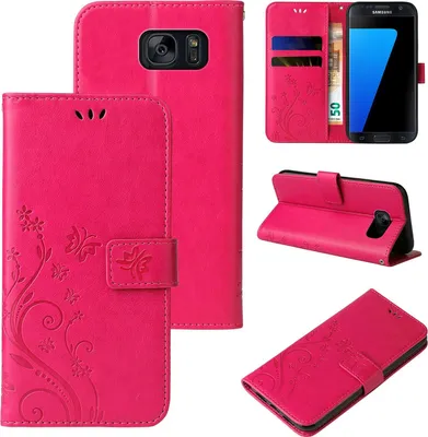 Produktbild von Handyhülle für Samsung Galaxy S7 edge Floral Blumen Schmetterling Flip Cover Hülle Case Klapphülle Handytasche Farbe: Pink