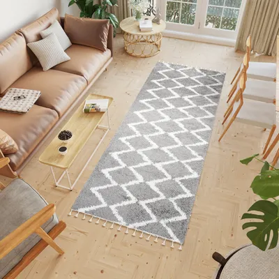 Produktbild von Teppichläufer Flur Teppich Hochflor Langflor Modern Brücke Wohnzimmer Schlafzimmer Design Grau Creme Fransen 100 x 150 cm
