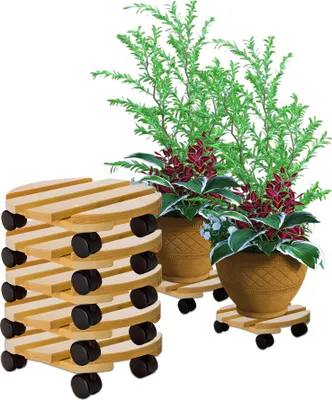 Produktbild von BigDean 5x Pflanzenroller rund Buchenholz massives Holz 30 cm bis 120 Kg Rolluntersetzer