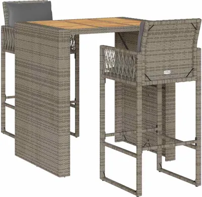 Immagine prodotto di vidaXL Set bar da giardino 3 pezzi con cuscini in polirattan grigio acacia