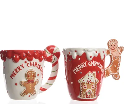 Produktbild von Tasse mit Lebkuchenmann Keramik 12cm rot / weiß, 1 Stück sortiert