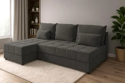 Produktbild von Ecksofa DOMINO L FIT mit Schlaffunktion, Bettkasten, L-Form Sofa Graphit, 206 cm, universal montierbar