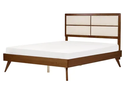 Obrázok produktu pre BELIANI Posteľ tmavé drevo béžová 160 x 200 cm lamelový rošt vysoké čalúnené čelo moderný štýl spálňa