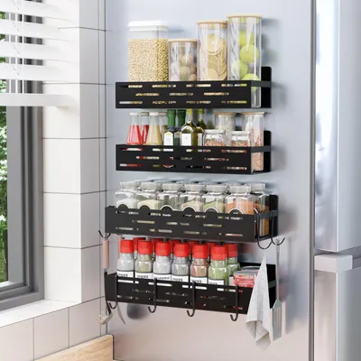 Produktbild von 4-teiliges magnetisches Gewürzregal für den Kühlschrank mit 8 Haken, schwarz