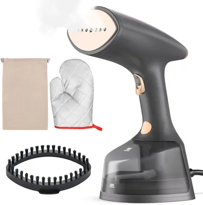 A handheld garment steamer and its accessories are displayed against a white background.