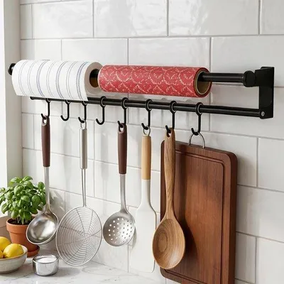 Obrázek produktu pro Nástěnné háčky do kuchyně - Černé - 80 cm - Multifunkční kuchyňská tyč s 8 pohyblivými háčky - Pro kuchyňské náčiní