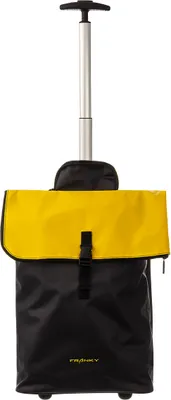 A shopping trolley with a black body and a yellow flap, with a silver telescopic handle and black wheels.