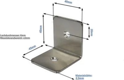 Produktbild von Edelstahl Winkel 45x45x40mm eckig (VE 1Stk) 5x einsetzbar als Lochwinkel, Metallwinkel, Balkenwinkel, Verbinder, Winkelverbinder