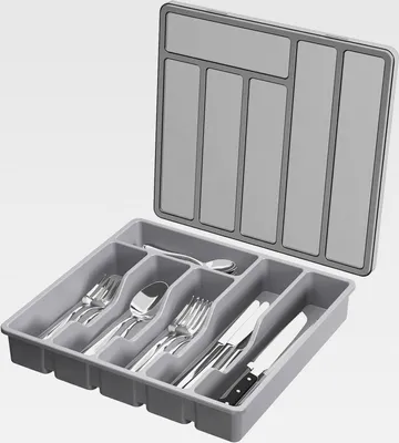 Produktbild von Utensilienablage mit Deckel, Besteck-Organizer für Küchenschublade und Arbeitsplatten, Aufbewahrungsbox aus Kunststoff für Löffel, Gabeln, Messer, 6 Fächer
