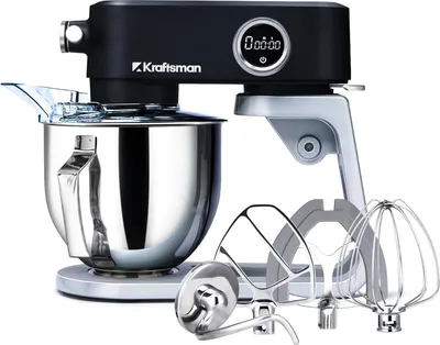 Produktbild von Kraftsman Küchenmaschine, Knetmaschine für Brotteig,Ganzmetallgehäuse,8 Stufen mit Timer,5 L Schüssel, 4 Edelstahl-Aufsätze: Flachrührer,