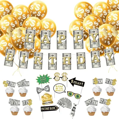 Productafbeelding van Verjaardagsdecoratieset: Girlande met dollartekens, taartdecoraties, ballonnen, fotoh achtergrond