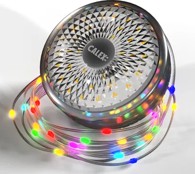A close-up, studio shot of a Calex Christmas light reel with colorful LED lights.