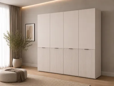 Produktbild von Drehtürenschrank, Falttürenschrank 4-türig Schrank mit Einlegeböden und Kleiderstange, Schlafzimmer  - Schrank Minewra 200 - Beige