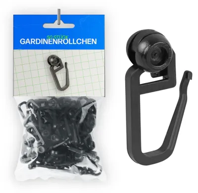 Zdjęcie produktu dla Rolki do zasłon, 50 sztuk. Ślizgaczki wewnętrzne do zasłon, średnica 4–6 mm, kolor czarny – ślizgaczki do zasłon z haczykami do marszczenia, przeznaczone do taśmy marszczącej, taśmy falistej i taśmy uniwersalnej – łatwe w użyciu, ciche, produkowane w Europie