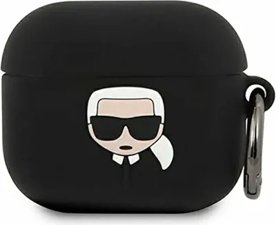 A black silicone case for AirPods 3 with a cartoonish depiction of Karl Lagerfeld's face on the front.