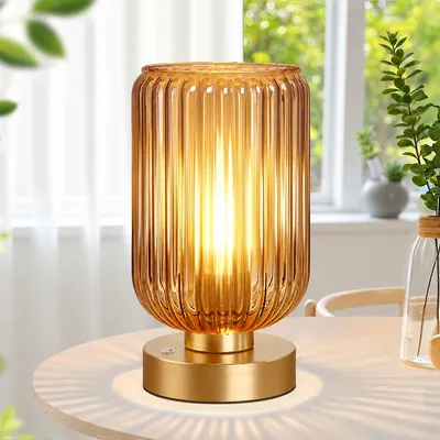 Produktbild von Tischlampe Kabellose LED Tischleuchte aus Gold Glas Wiederaufladbare Dimmbar Nachttischlampe für Schlafzimmer, Wohnzimmer