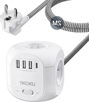Obrázok produktu pre 8-v-1 predlžovací kábel s USB, 4 zásuvky, 3 USB, 1 typ C, vypínač, 2 m kábel
