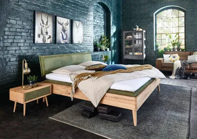 Produktbild von Bett Morso Sonderlänge 180x220 Wildeiche Bianco Lederkopfteil Olivgrün Holzbeine